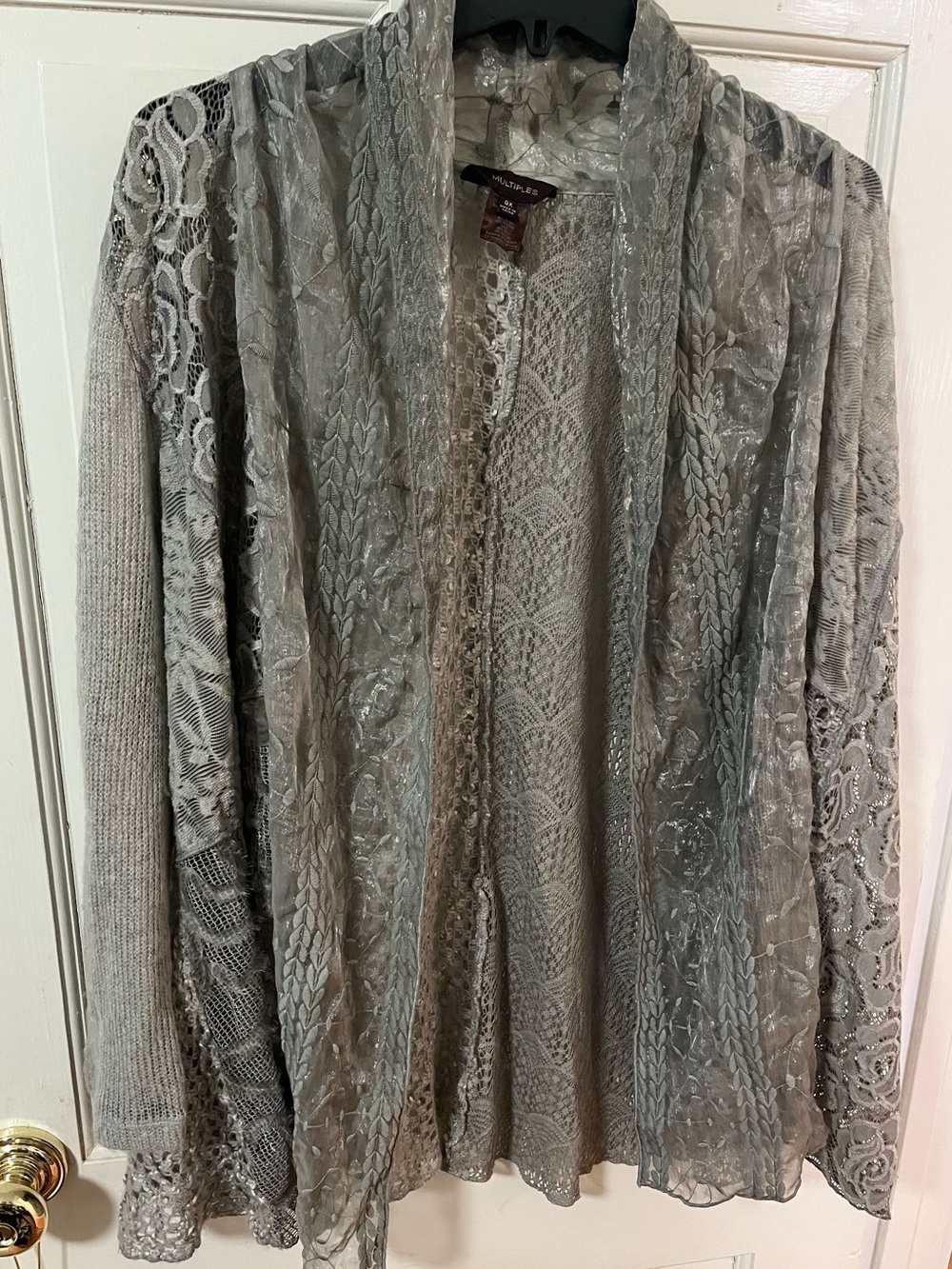 EUC Multiples Silver/Grey Lace Knit Open Cardigan, size 0X